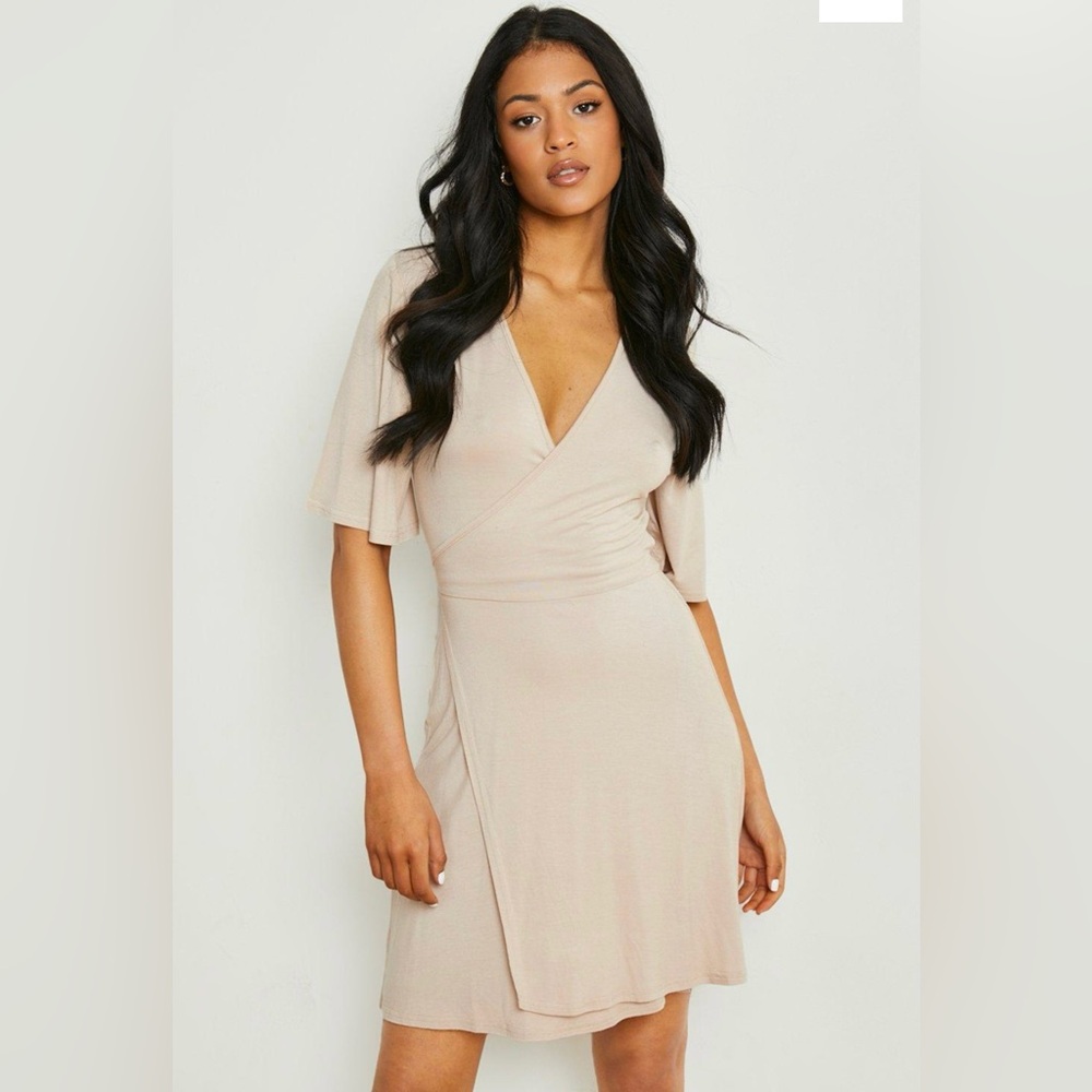 Stone Colored Wrap Over Dress - Picture 1 of 4